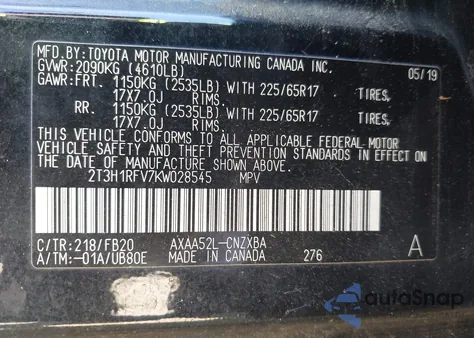 2019 Toyota Rav4 Le из США, поврежденный, VIN 2T3H1RFV7KW028545